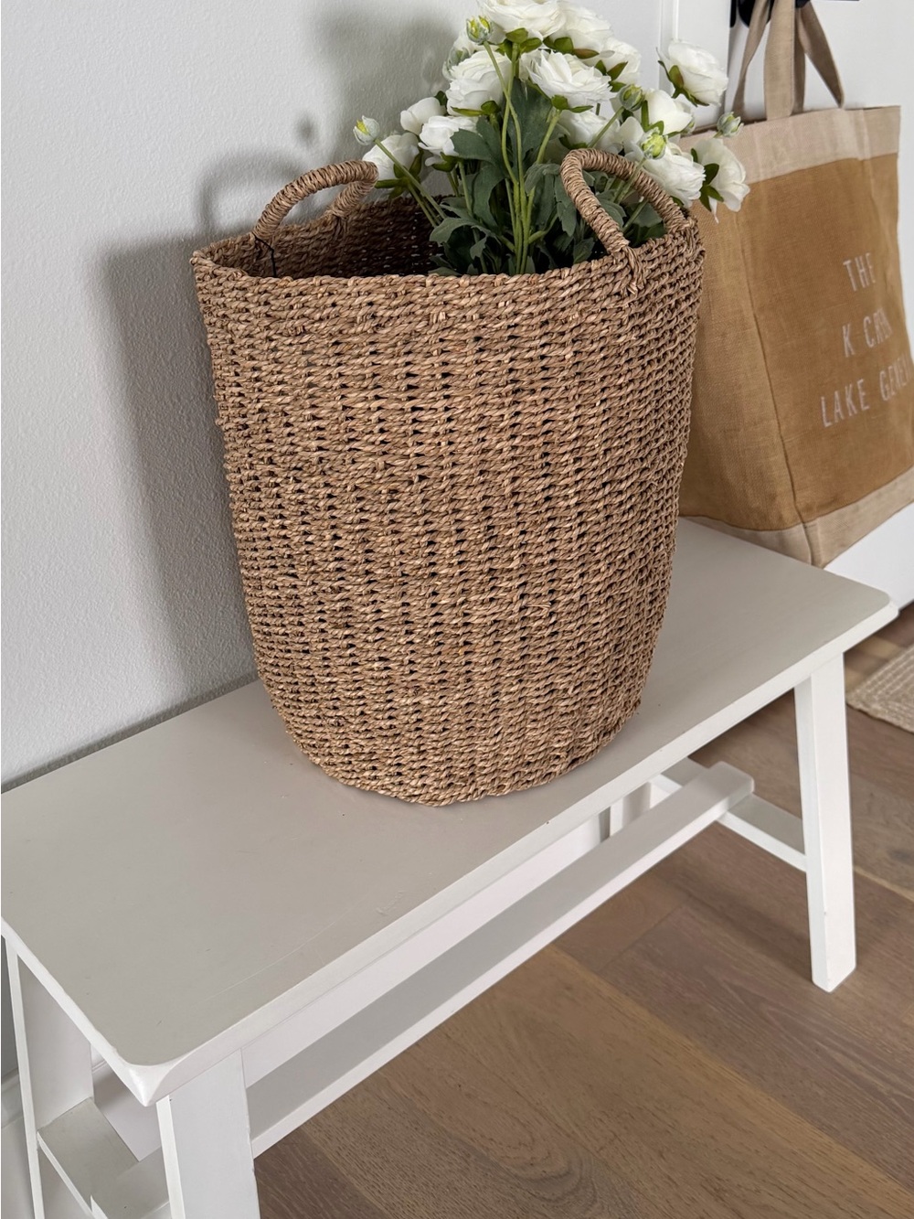 Woven Seagrass Storage Basket with Handles Artificial Flowers